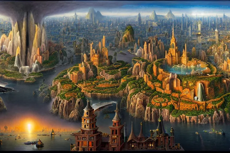 Image similar to a beautiful stunning insanely detailed matte painting of a magical mythical city at the edge of world buzzing with activity by Heironymous Bosch and Jim Burns