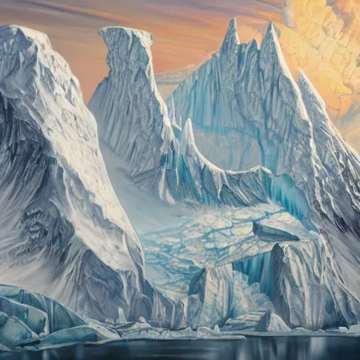 Image similar to mysteries of Antarctica glacial cult mountain god, realistic fantasy, oil painting, extremely high detail, photorealistic, cinematic lighting, oil painting, intricate line drawings, 4k resolution