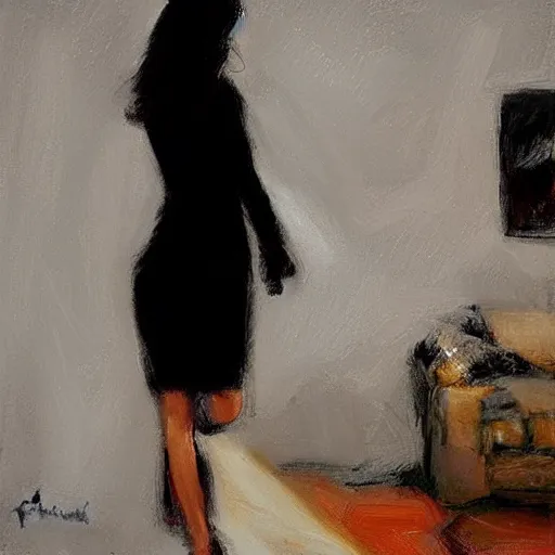 Prompt: Ground Level Shot of a dark haired woman wearing a black dress, on a bed. by fabian perez