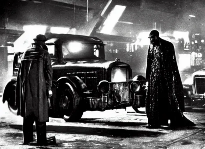 Prompt: scene from the 1932 science fiction film Blade Runner with the main character standing next to a vehicle