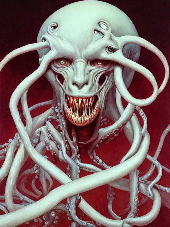 Image similar to painting by wayne barlowe of a flying sorrowful looking severed human head with tears running down it's eyes, face that is chalk white in color, with long sprawling white tentacles stemming down it's neck, fiery scorching red eyes, flying in a terrying hellish dark cavernous place