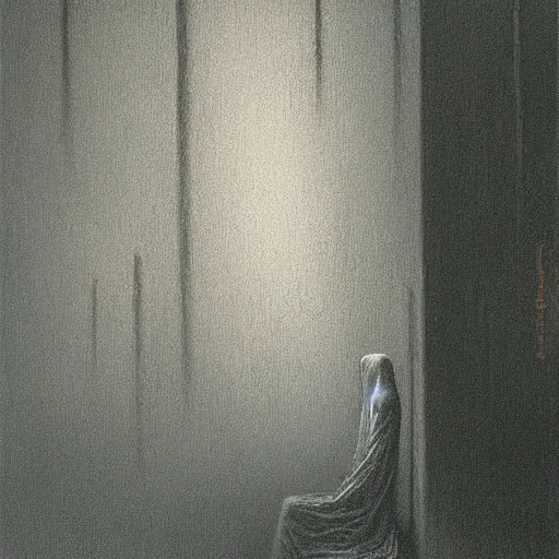 Prompt: Damp commuter ghost. Zdzisaw Beksinski.