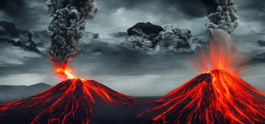 Image similar to Erupting Volcano with Monsters flying around it, gothic art, color, eerie, horror, scary, ominous, 8k, highly detailed