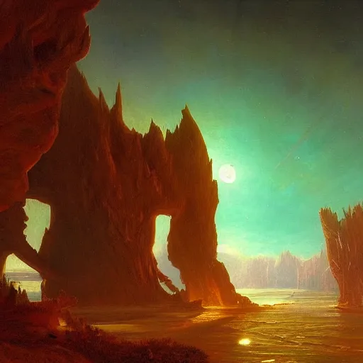 Prompt: A landscape from an alien exoplanet, monsters in the background, trending on artstation by Albert Bierstadt