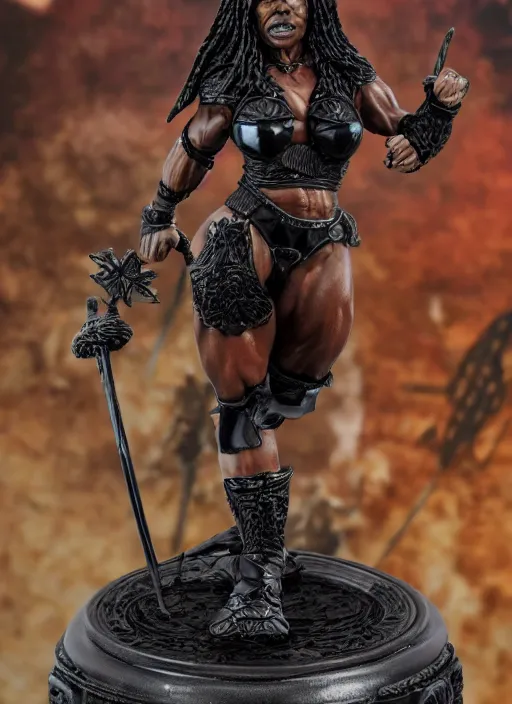 Image similar to 80mm resin detailed miniature of a Very Muscular Queen, angry, black skin, long cloak, bikini-armor, iron crown, Shaved Skinhead, on textured disc base, Company logo in upper left corner; Miniature product Photo, 4K, Full body
