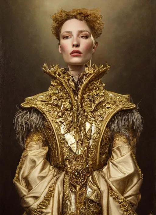 Image similar to highly detailed oil painting | very intricate | cinematic lighting | award - winning | ceremonial blazer armor fashion by alexander mcqueen | by roberto ferri, by tom bagshaw, by j. c. leyendecker and klimt, american romanticism, by austin osman spare, artstation, cgsociety, official art, octane