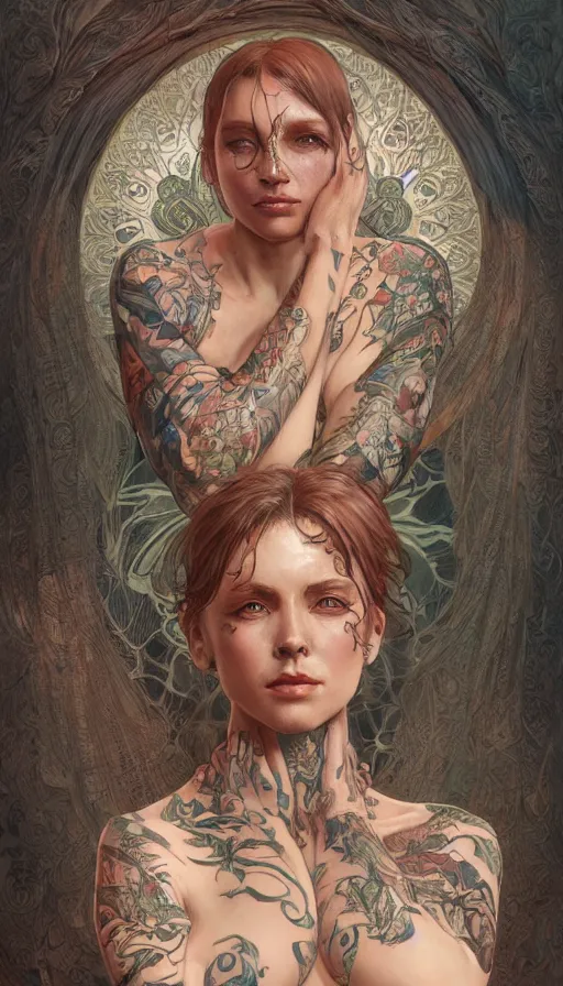 Image similar to tattooed lady, sweaty, insane, intricate, highly detailed, digital painting, artstation, concept art, smooth, sharp focus, illustration, Unreal Engine 5, 8K, art by artgerm and greg rutkowski and alphonse mucha