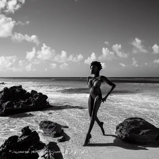 Prompt: beautiful black and white photograph of a model at a high end photoshoot in Barbados