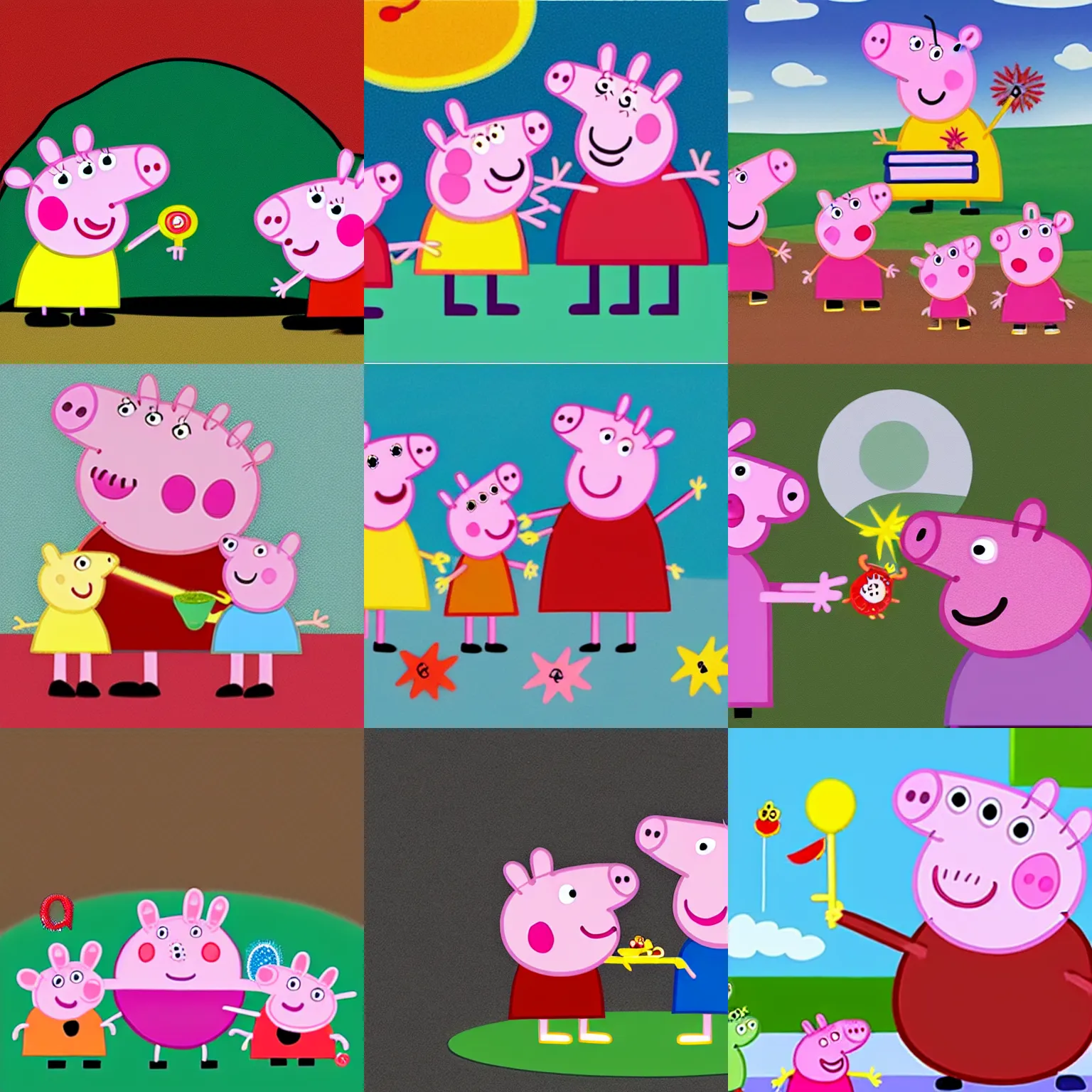 Prompt: peppa pig with five eyes, eating another pig.