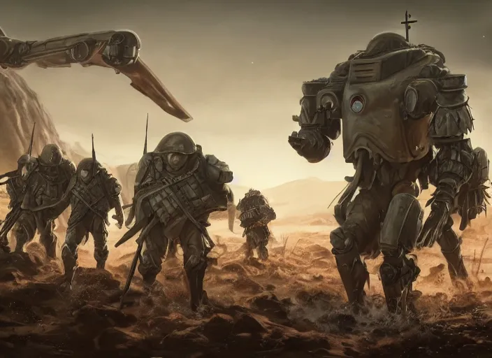 Image similar to still of christian soldiers fighting against giant monstrous alien robot in world war one, mars setting, dieselpunk, concept art, artstation, stephen bliss, unreal engine, game screenshot