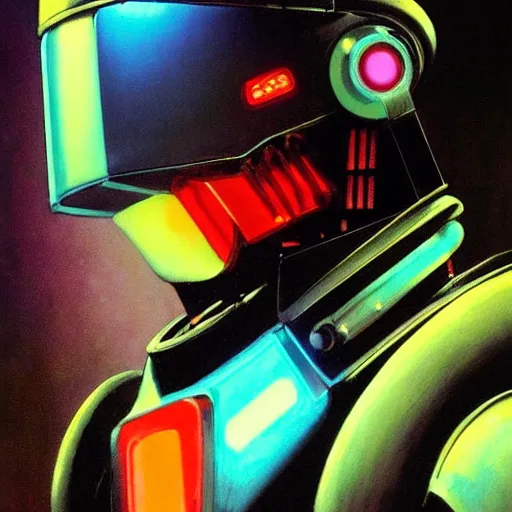 Image similar to a dark and colorful close - up side profile portrait of a sci - fi mecha robot with led lights glowing fog in the background. highly detailed science fiction painting by norman rockwell, frank frazetta, and syd mead. rich colors, high contrast, gloomy atmosphere, dark background. trending on artstation