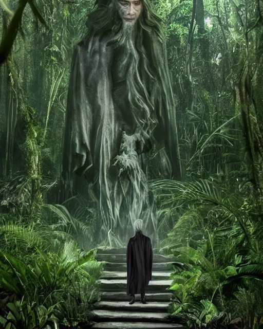 Image similar to a powerful wizard walking towards an ominous statue in a densely overgrown, eerie jungle, fantasy, stopped in time, dreamlike light incidence, ultra realistic