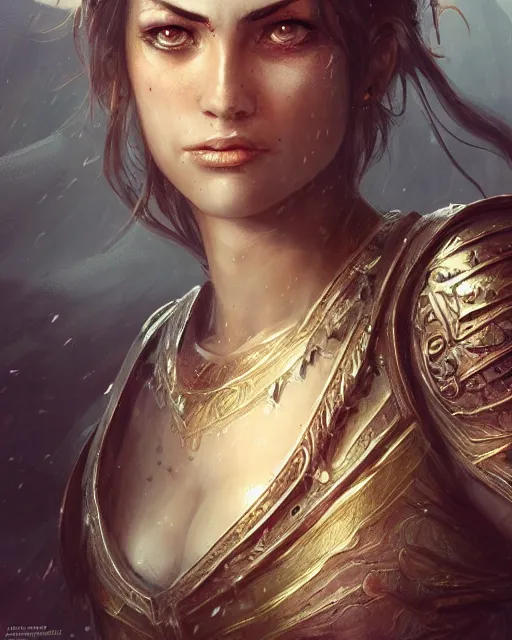 Image similar to A beautiful female warrior posing on a boat, beautiful face, highly detailed face, close-up, fantasy art, female art, in the style of greg rutkowski, illustration, epic, fantasy, intricate, hyper detailed, artstation, concept art, smooth, sharp focus, ray tracing