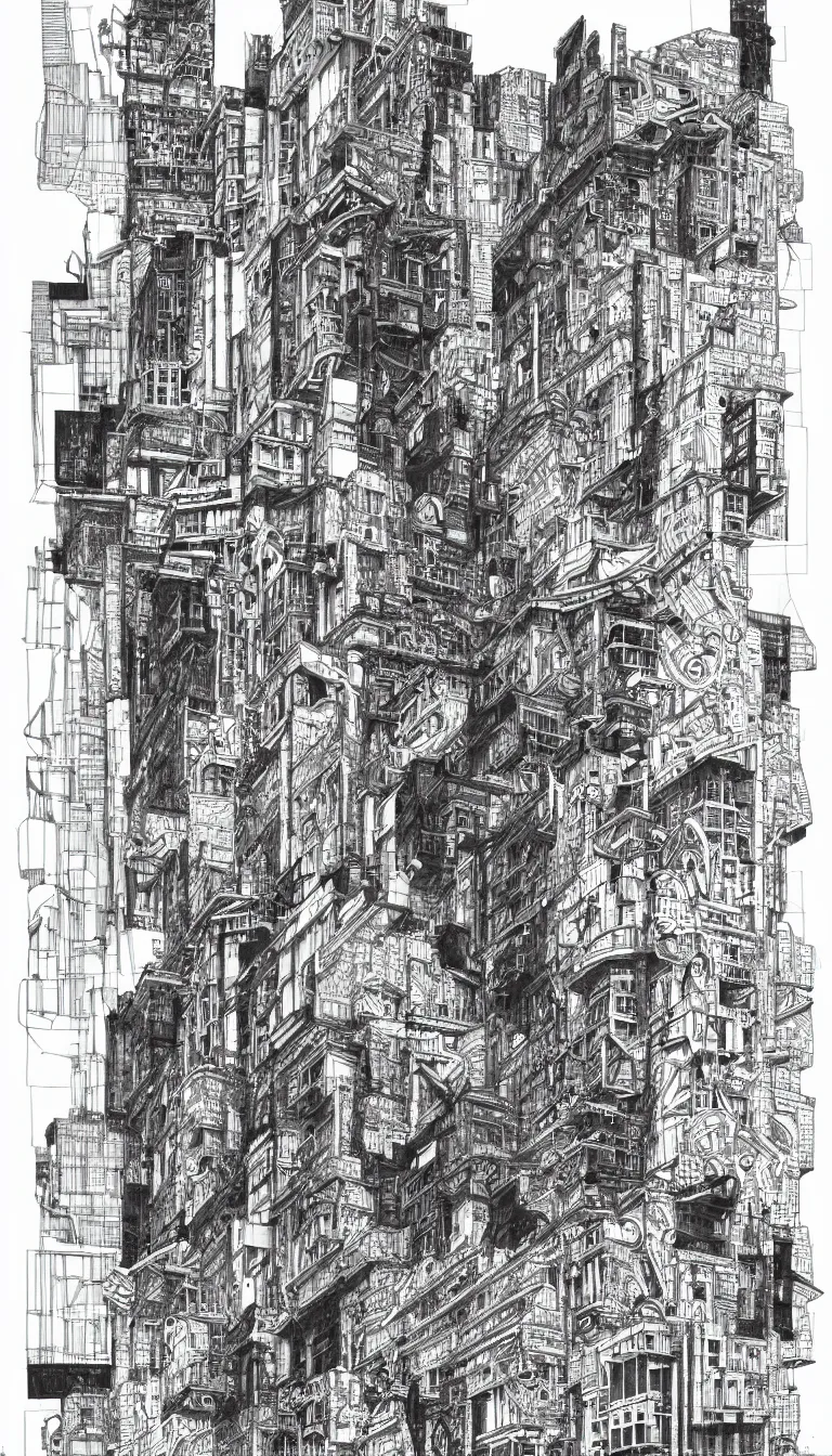 Image similar to a black and white drawing of a building, a detailed mixed media collage by hiroki tsukuda and eduardo paolozzi, intricate linework, sketchbook drawing, street art, polycount, deconstructivism, matte drawing, academic art, constructivism