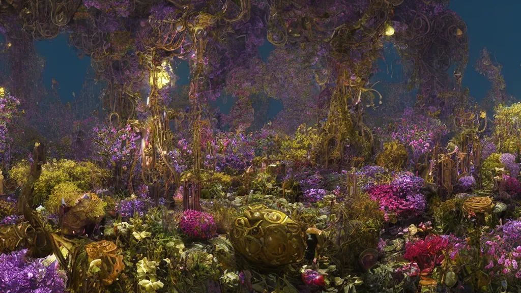 Image similar to a centered render of intricate modular synthesizer of cenacolo vinciano, shining its light across a tumultuous sea of flowers, undersea animals, gothic crystal tables and chairs by dorothea tanning and salvador dali, trending on artstation, cyber punk, soft color, unreal engine, high detailed, 8 k