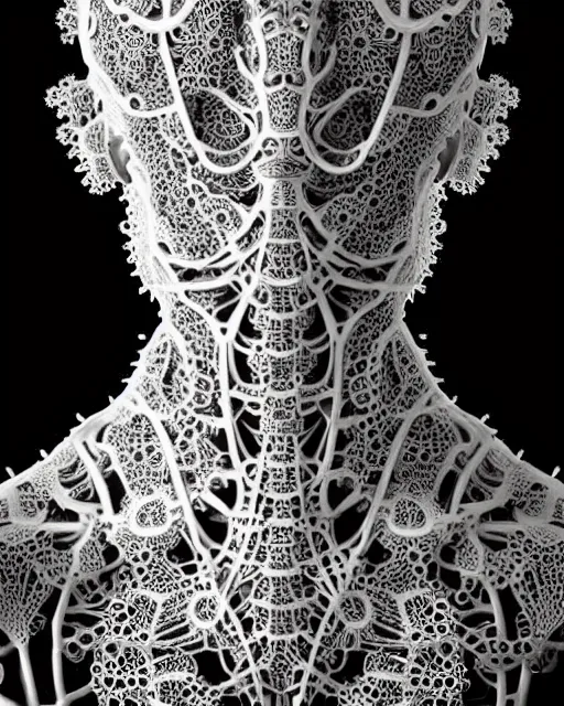 Image similar to surreal black and white photo portrait of complex bio-mechanical beautiful young female vegetal-cyborg with a Mandelbrot fractal steampunk metal fine lace face, a very long neck and a fine metal floral foliage super big lace collar by Alexander McQueen:: high fashion, haute couture, rococo, steampunk, silver filigree details, anatomical, facial muscles, cable wires, microchip, elegant, dreamy, foggy, hyper realistic, 150 mm lens, soft rim light, octane render, unreal engine, picture was taken in 1910 by Man Ray, volumetric lighting, dramatic light,8k,