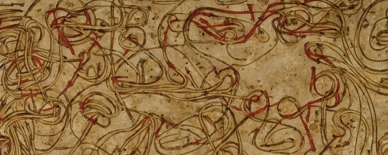 Image similar to ancient manuscripts detailing spaghetti, fine detail