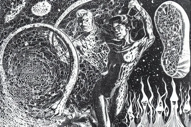 Image similar to how magic mushrooms can take us to the farthest reaches of inner space, painting by virgil finlay and kelly freas