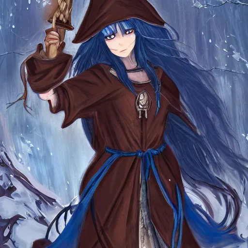 Prompt: A female wizard with long brown hair wearing a blue hood and blue robe exploring a dark and sinister medieval village, fantasy setting, seinen anime art, professional digital painting, extremely detailed, ranked number 1 on pixiv