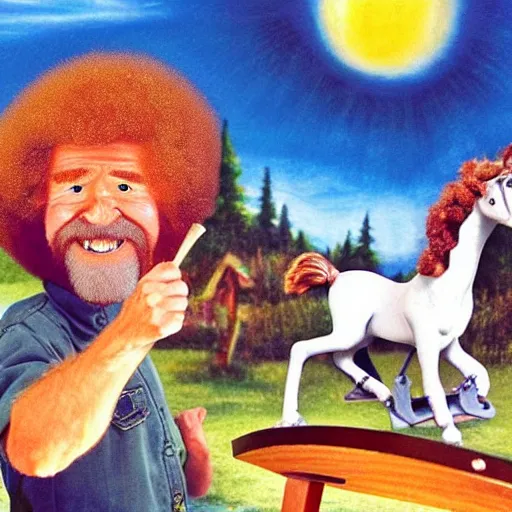 Prompt: bob ross riding a rocking horse on acid