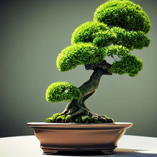 Image similar to bonsai tree with dragon shaped trunk and flowers on leaves detailed realistic 3 d render 4 k