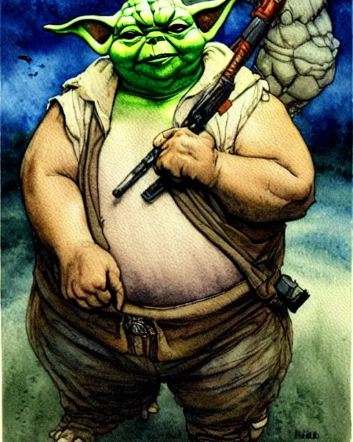 Image similar to a realistic and atmospheric watercolour fantasy character concept art portrait of a fat adorable dirty chibi yoda wearing a wife beater and holding a handgun, by rebecca guay, michael kaluta, charles vess and jean moebius giraud