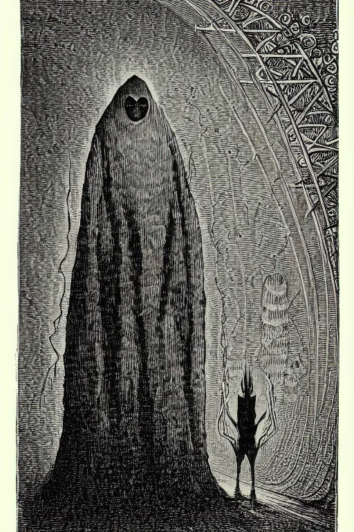 Prompt: the flatwoods monster, as a demon from the dictionarre infernal, pen - and - ink illustration, etching by louis le breton, 1 8 6 9, 1 2 0 0 dpi scan, ultrasharp detail, hq scan, intricate details, stylized border