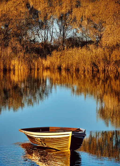 Prompt: professional photography of calm lake, reflection of dry trees in background in lake, golden hour soft light, boat in lake, highly detailed, super realistic, art by greg rutsoswki