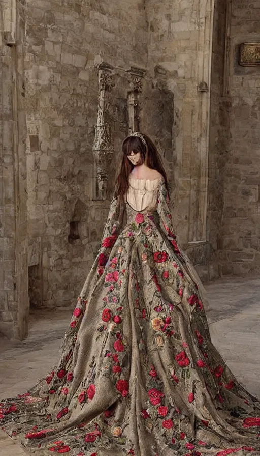 Image similar to long beautiful voluminous medieval court dress with train and embroidered flowers