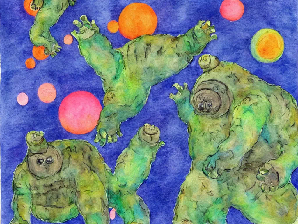 Prompt: tardigrades!!! book cover outsider art children's illustration watercolor painting