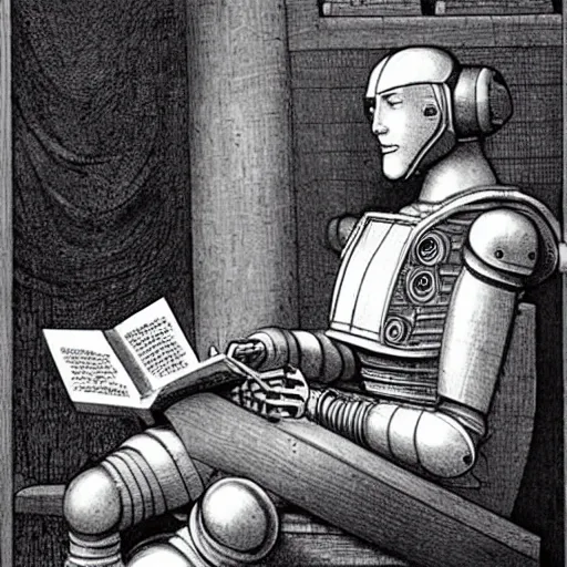 Image similar to a robot reading a book by leonardo da vinci