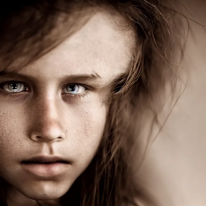 Image similar to dramatic photographic Close-up face of a extremely beautiful girl and light brown hair , high light on the left, Sharp focus, cinematic lighting ,non-illuminated backdrop, illuminated by a dramatic light, volumetric light, Low key lighting, light dark, High constrast, dramatic , Steve Mccurry, Lee Jeffries , Norman Rockwell, Craig Mulins ,dark background, high quality, photo-realistic, 8K,