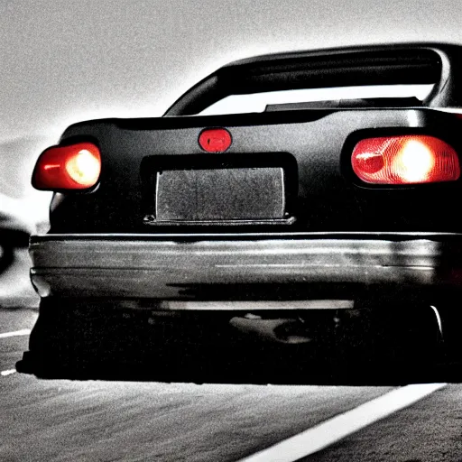 Image similar to pitch black darkness, old toyota supra in the moonlight, film grain, vin diesel