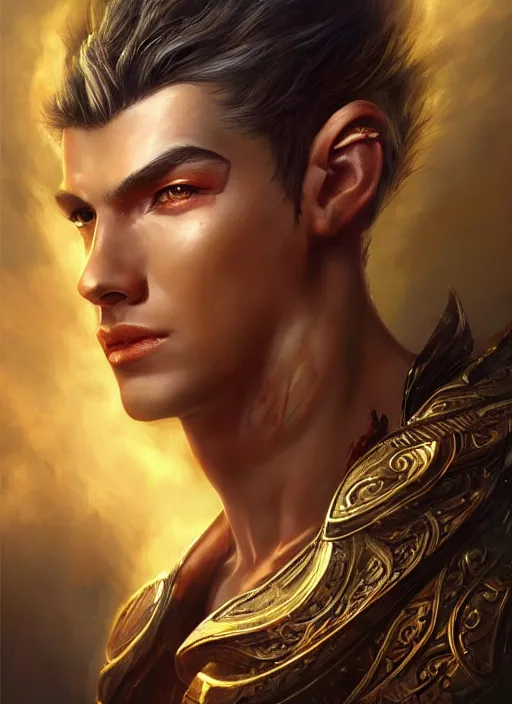 Prompt: a higly detailed airbrush full body shot and face portrait painting of a fantasy male character, pathfinder, dynamic lighting, ambient lighting, deviantart, art by artgerm, karol bak