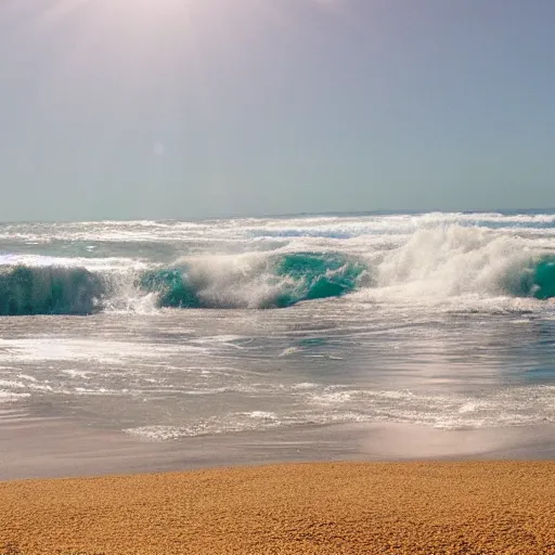 Image similar to captured image of a sun-dog ocean white sand, background of crashing surf (foam, rocks), tranquil, calming, nostalgic