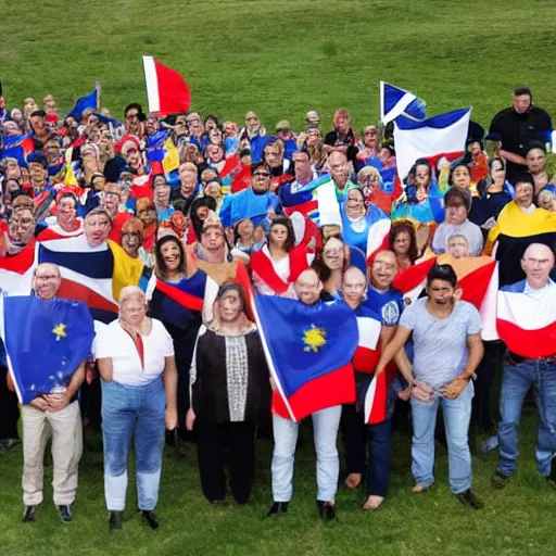 Image similar to a group of people, one from each country in europe, each holding the flag of their country