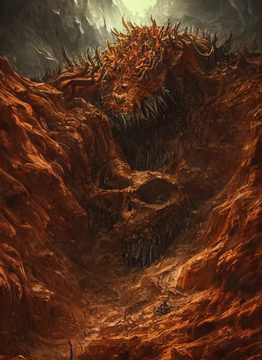 Prompt: a monster in the mountains of hell, oil painting by tomasz jedruszek, cinematic lighting, pen and ink, intricate line, hd, 4 k, million of likes, trending on artstation