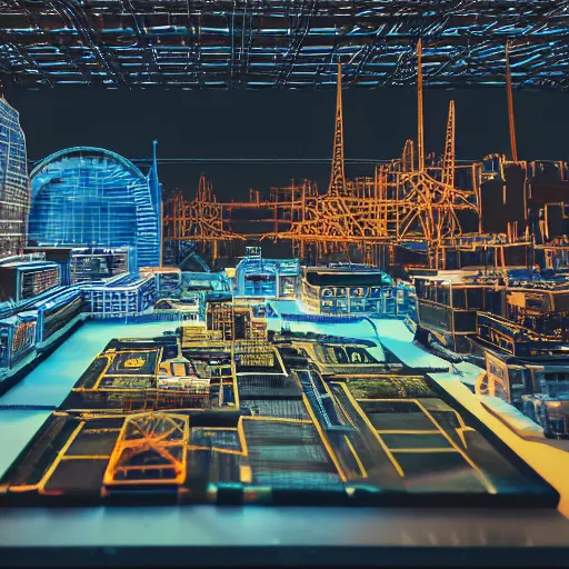 Image similar to crane shot of large group people in open warehouse, looking at hologram of futuristic city on a table, cinematic still, godrays, golden hour, natural sunlight, 4 k, clear details, tabletop model buildings, tabletop model, ethereal hologram center, crane shot, crane shot, rule of thirds