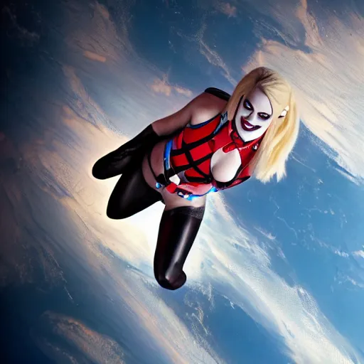 Prompt: photo of Margot Robbie as Harley Quinn floating in the iss, highly detailed skin and face, 8k