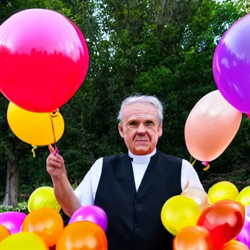 Image similar to a priest holding dozens of colorful balloons