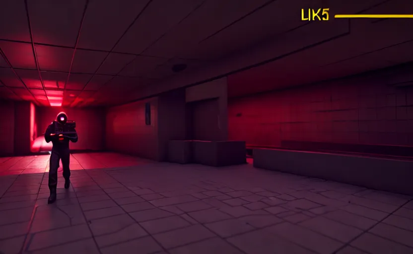 Image similar to in-game screenshot of a dark red hazmat scientist holding a gun walking on unreal engine 5, in a liminal underground garden, retrofuturism, brutalism, staggered terraces, minimalist