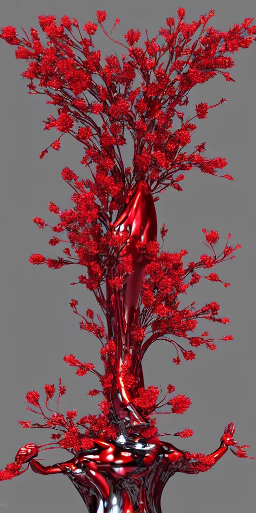 Image similar to 3 d photographic render of an ancient sculpture with red sakura flowers made of chrome, chrometype, made of liquid metal, neotribal with metallic thorns and thunders, raytracing, hyper realistic, volumetric lightning, 8 k, by zhelong xu and ouchh studio