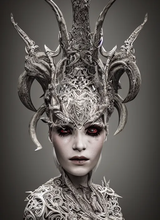 Prompt: a portrait of female by nekro borja, photorealistic, intricate details, hyper realistic, fantasy, elegant, baroque, horn, ram skull headpiece, photorealistic, photography, symmetrical features, symmetrical pose, wearable art, unreal engine,