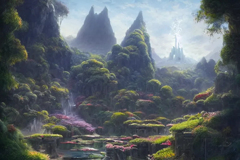 Prompt: Brutalist Solarpunk Shiro in Eden amazing concept painting, by Jessica Rossier , Gleaming White, fey magical lighting, overlooking a valley, Himeji Rivendell Garden of Eden, topiary, manicured gardens, terraced orchards and ponds, lush fertile fecund, fruit trees, by Brian Froud by Beksinski