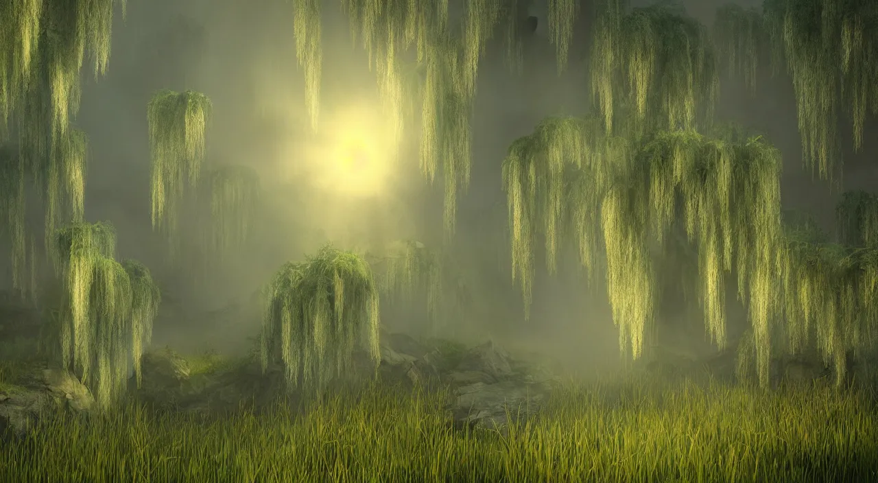 Prompt: photorealistic matte painting misty weeping willow overgrowth undergrowth jagged rock features volumetric fog light rays high contrast dawn mr burns