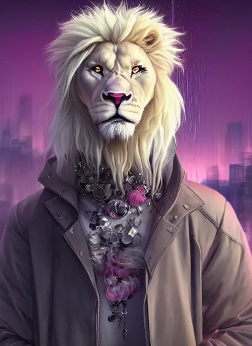 Image similar to aesthetic portrait commission of a of a male fully furry muscular anthro albino lion with a tail and a beautiful attractive hyperdetailed face wearing stylish and creative unkempt black and pink wired clothes in a sci-fi dystopian city at golden hour while it storms in the background. Character design by charlie bowater, ross tran, artgerm, and makoto shinkai, detailed, inked, western comic book art, 2021 award winning painting