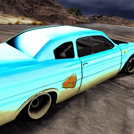 Image similar to A beater faded Powder Blue Dodge Aspin in FlatOut 2