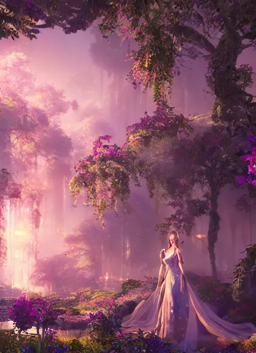 Image similar to beauteous sumptuous elegant woman in paradise garden, with incredible indirect soft cinematic lighting, crystalline masterpiece incrustations, hyperdetailed features, movie still, intricate, octane render, cinematic forest lighting, unreal engine,