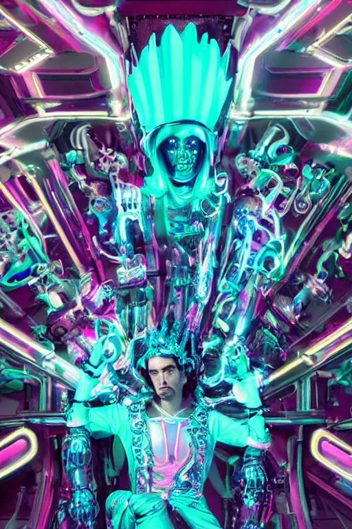 Image similar to full-body rococo and cyberpunk style neon statue of a muscular attractive Roberto macho dotado e rico android sim roupa reclining con las piernas abertas e la piroca dura liete, glowing white laser eyes, prince crown of mint gears, diamonds, swirling silver-colored silk fabric. futuristic elements. full-length view. space robots. human skulls. intricate artwork by caravaggio. Trending on artstation, octane render, cinematic lighting from the right, hyper realism, octane render, 8k, depth of field, 3D