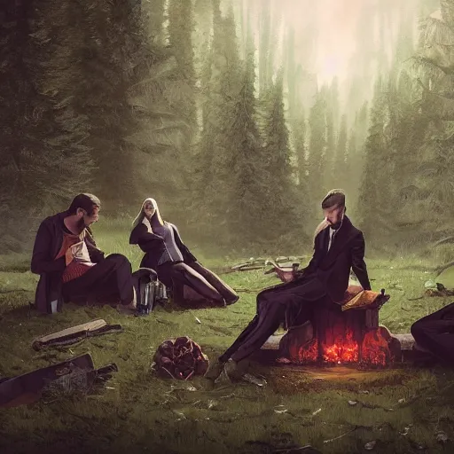 Image similar to close group portrait of vampires chilling at the forest smoking weed, realistic digital art 4 k, high quality, greg rutkowski, zabrocki, karlkka, jayison devadas, phuoc quan, trending on artstation, 8 k, ultra wide angle, zenith view, pincushion lens effect